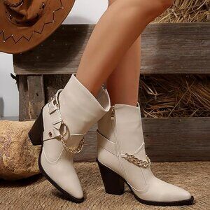New Ankle Cowboy Boots for Women Chunky Sole Block Heel Western Boots Chic-White